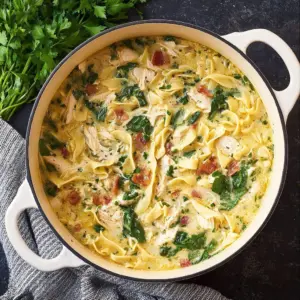 Delicious bowl of White Lasagna Soup with creamy sauce and pasta layers