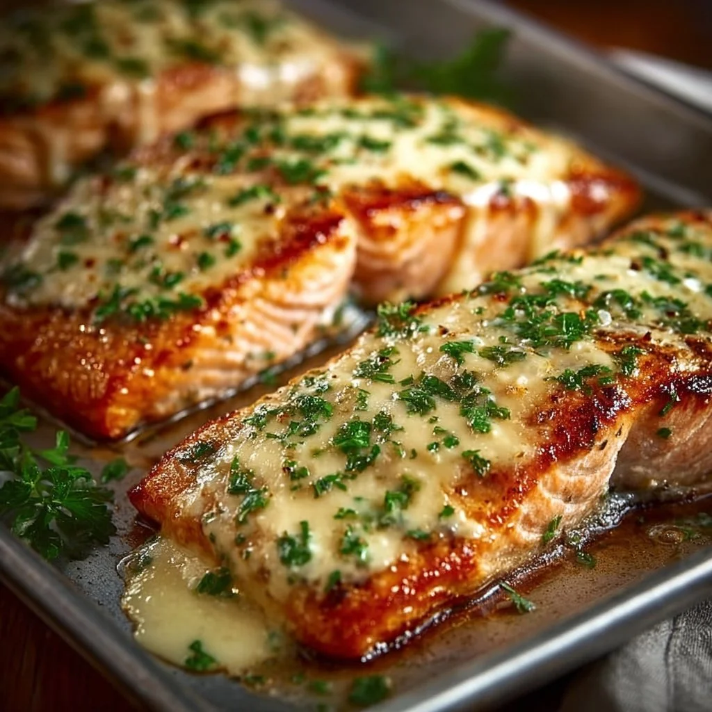 Baked Boursin Salmon garnished with herbs on a plate