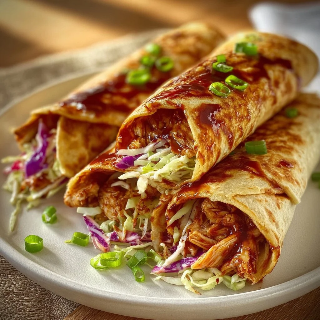 Delicious BBQ Chicken Coleslaw Wraps served on a plate with fresh ingredients.