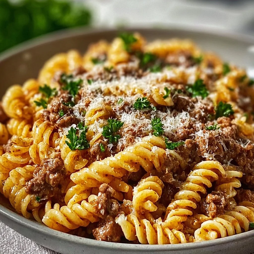 Beef and rotini pasta in garlic parmesan sauce served in a bowl