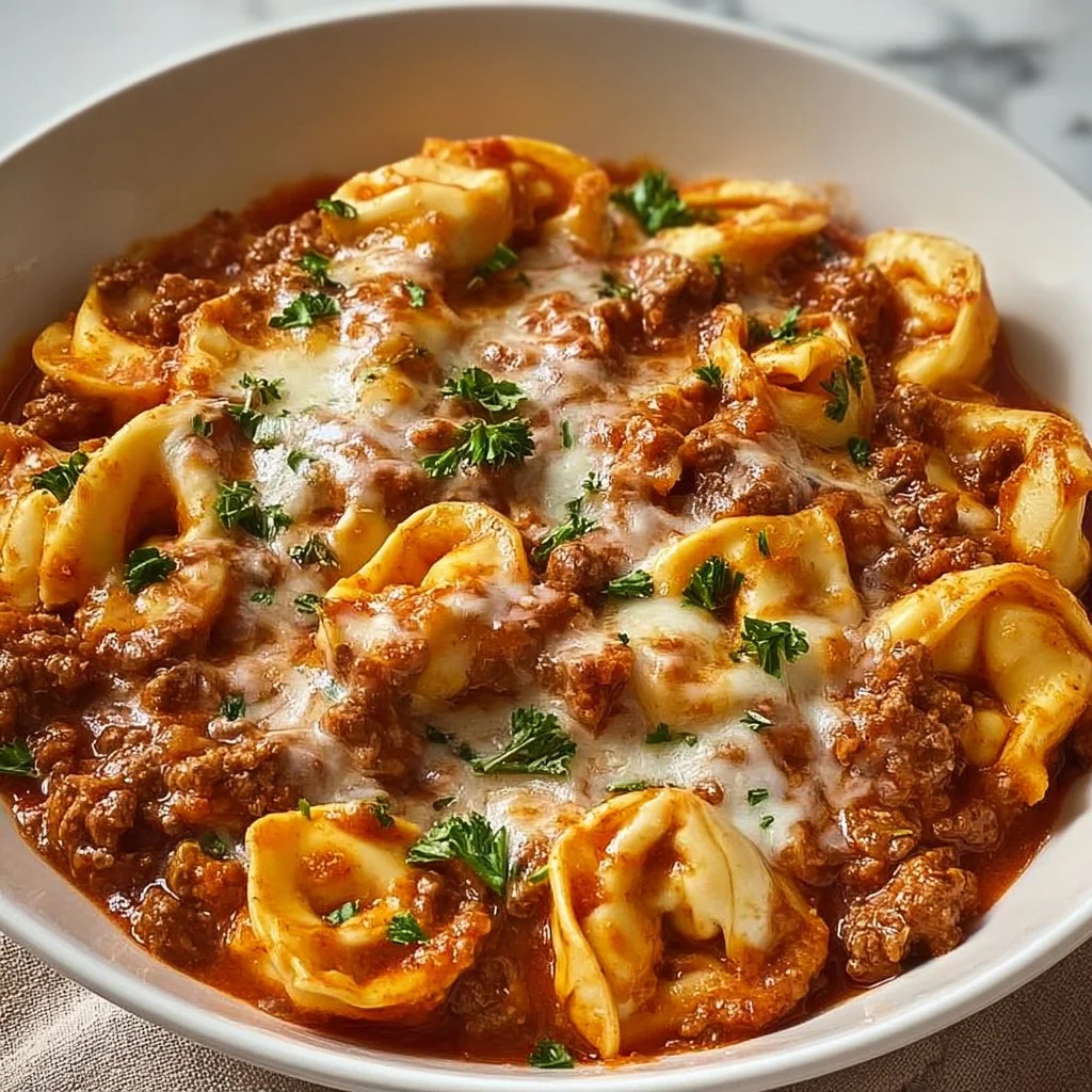 Beefy Tortellini Bake with melted cheese and herbs in a casserole dish