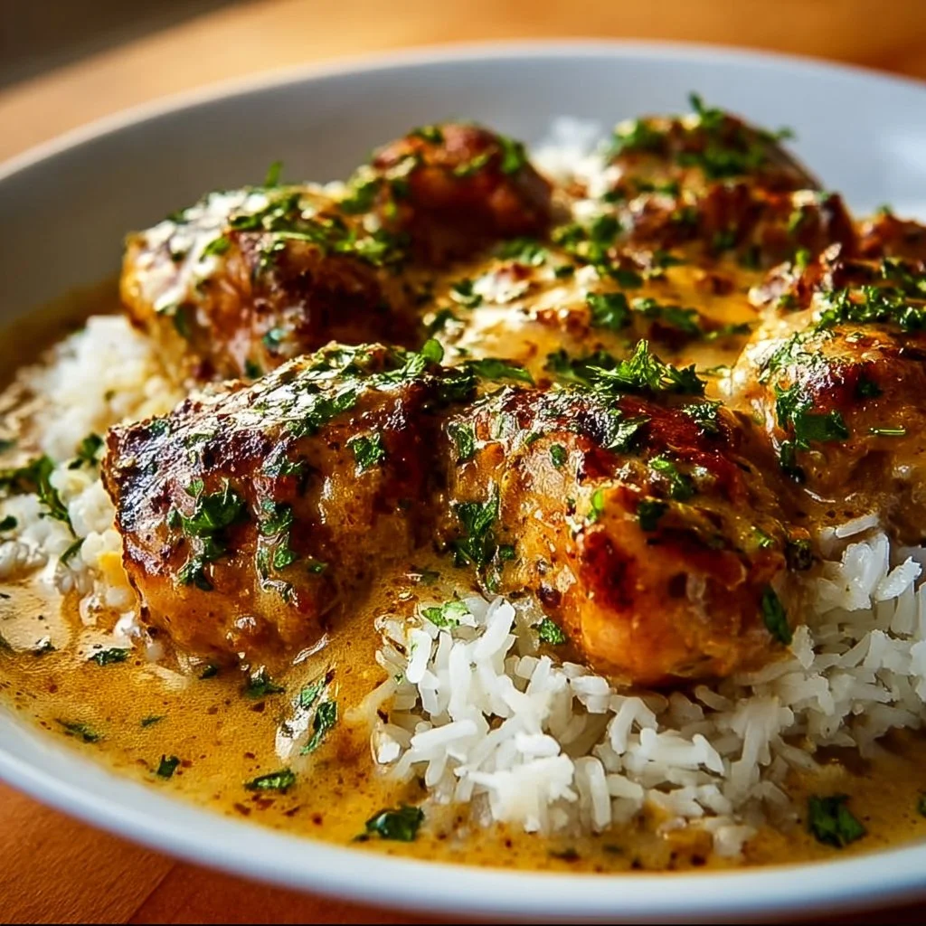 Delicious plate of smothered chicken served with rice and gravy