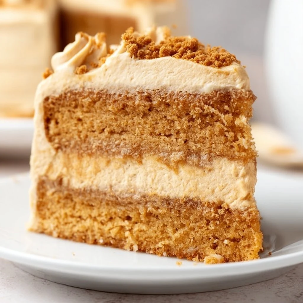 Delicious homemade Biscoff Cake topped with cookie crumbs and drizzled frosting.