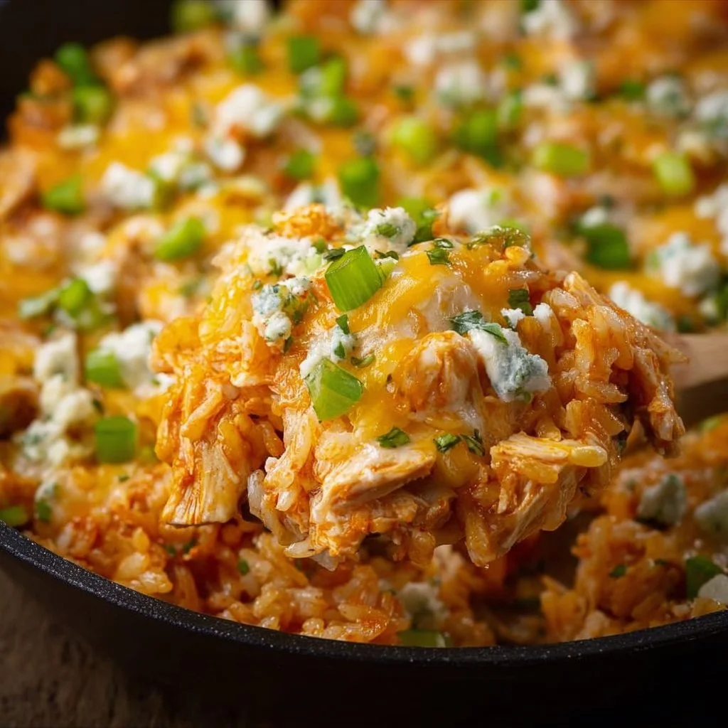 Delicious buffalo chicken casserole baked with creamy sauce and topped with cheese.