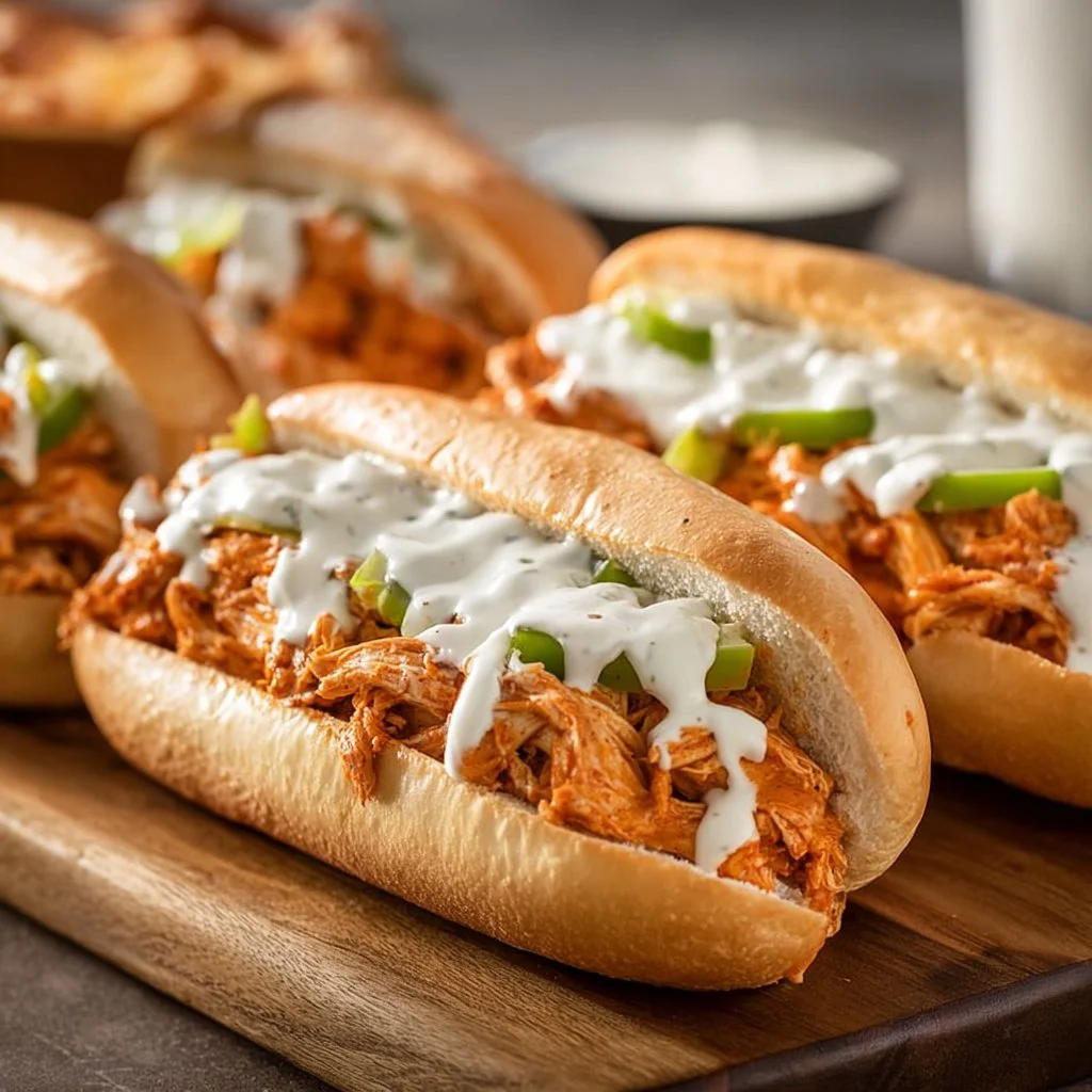 Delicious Buffalo Chicken Cheesesteak sandwich loaded with spicy chicken and cheese