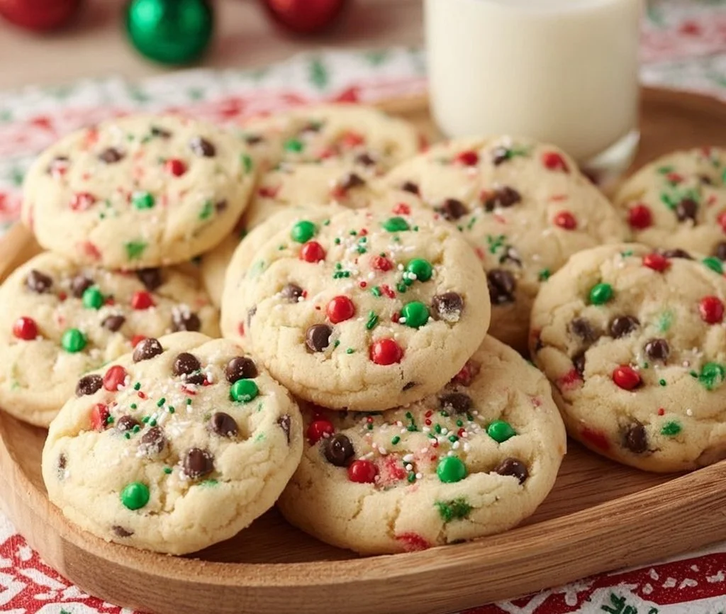 Plate of Cake Mix Chocolate Chip Santa Cookies decorated for the holidays