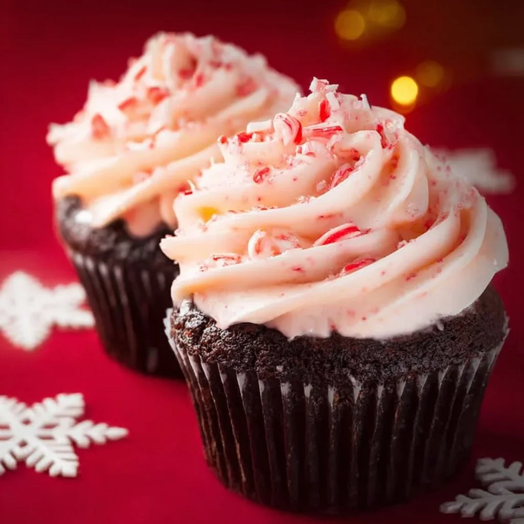 Festive Candy Cane Chocolate Cupcakes decorated with peppermint and chocolate frosting.