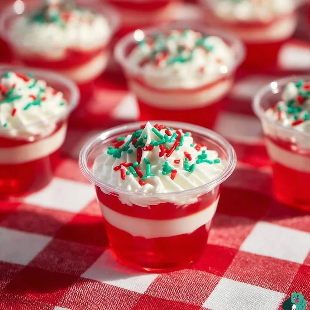 Candy Cane Jell-O shots with festive red and white layers for holiday celebrations