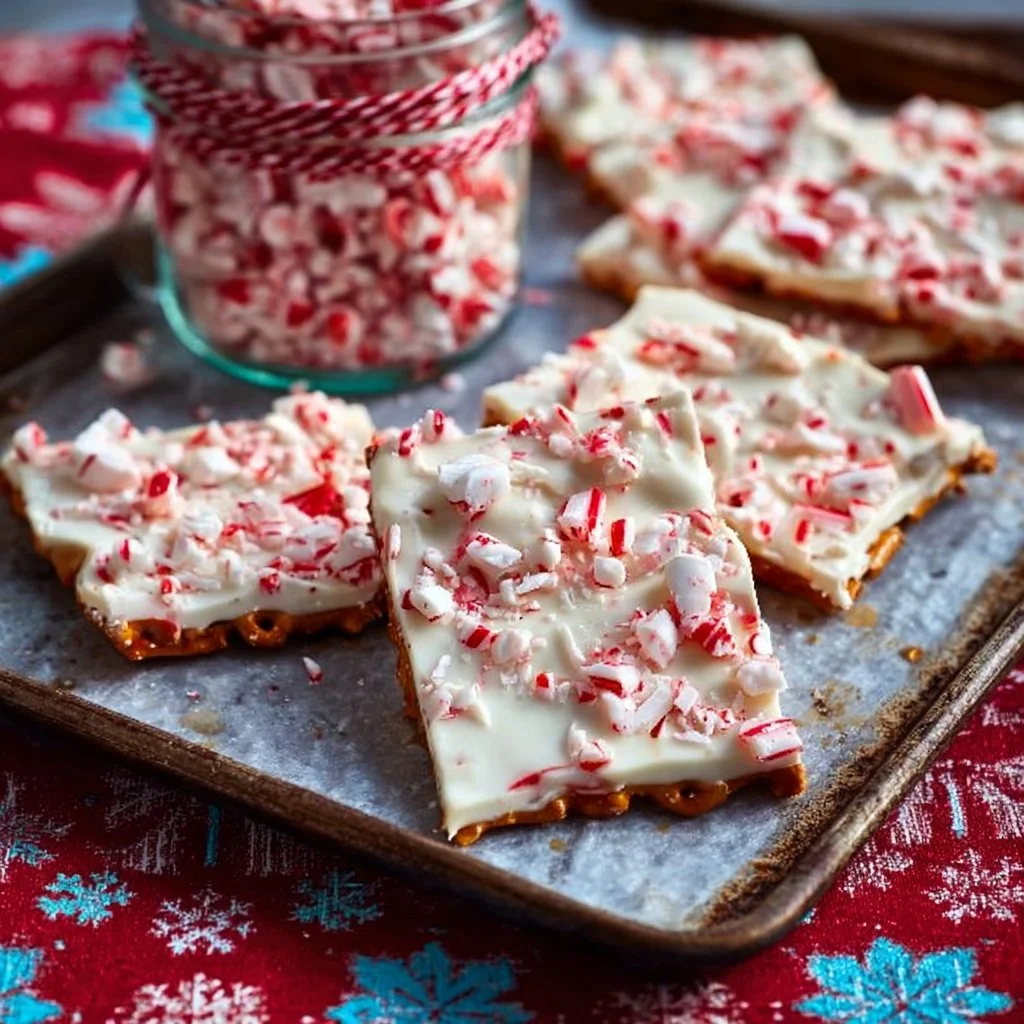 Delicious Candy Cane Pretzel Bark with festive red and white candy canes