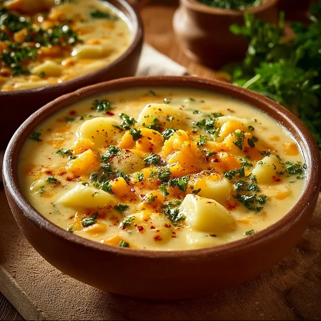 Bowl of creamy Cheddar Garlic Herb Potato Soup garnished with herbs