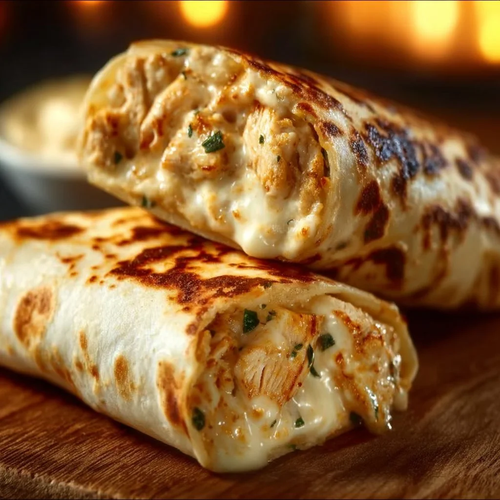 Delicious cheesy chicken wraps with garlic topping laid on a plate