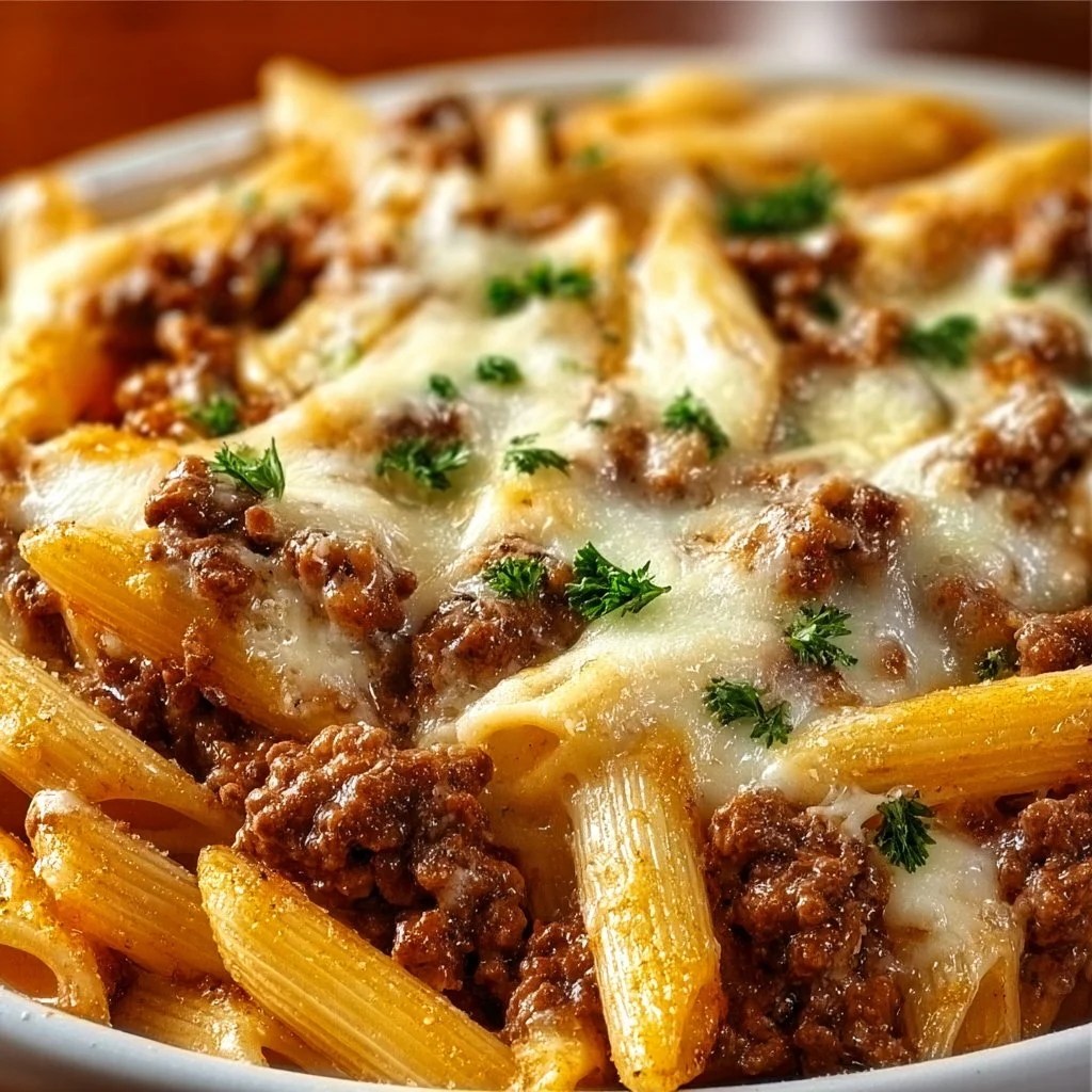 Cheesy Penne with Garlic Butter Ground Beef dish, topped with melted cheese.