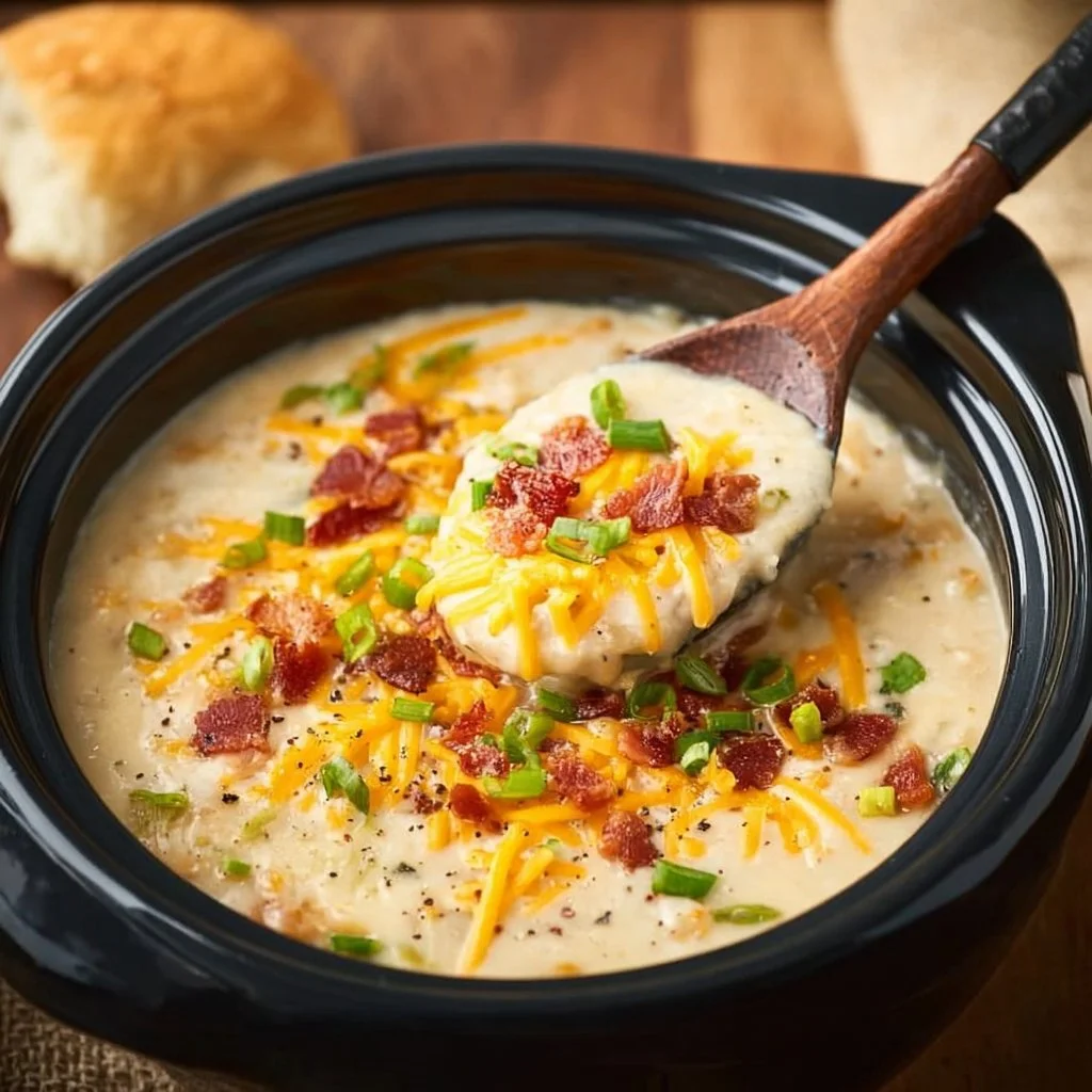 Bowl of creamy Cheesy Potato Soup garnished with herbs