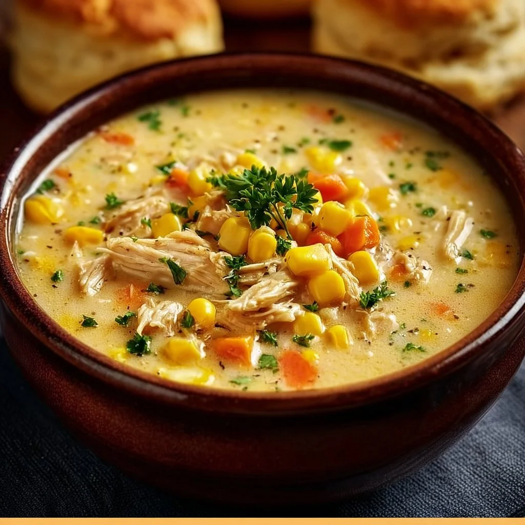Bowl of creamy Chicken Corn Chowder garnished with herbs and corn
