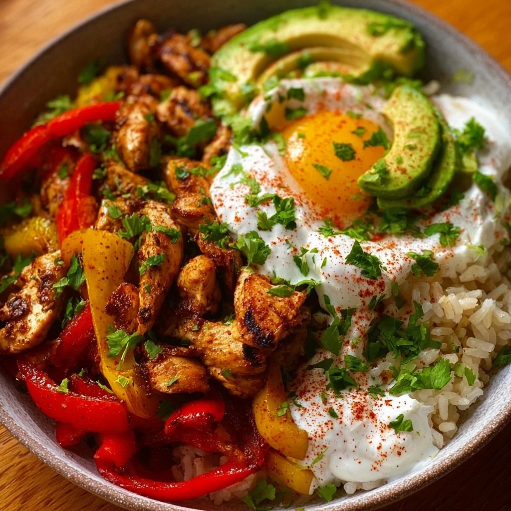 Delicious Chicken Fajita Rice Bowl with colorful vegetables and spices