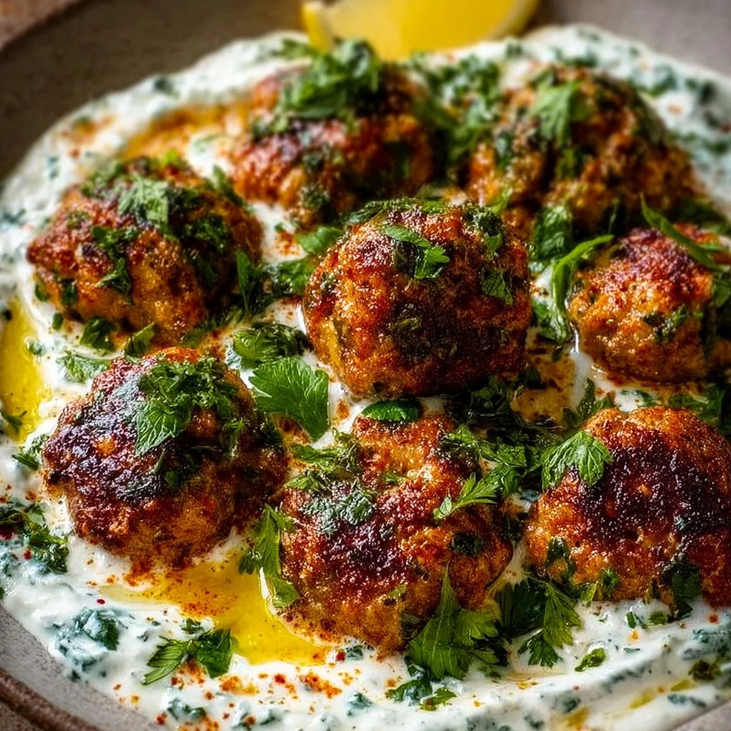 Delicious Chicken Kofta served with a creamy garlic yogurt sauce on a plate.
