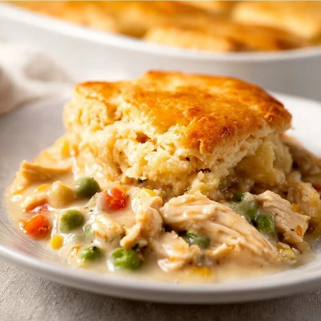 Delicious Chicken Pot Pie Cobbler topped with golden biscuit crust