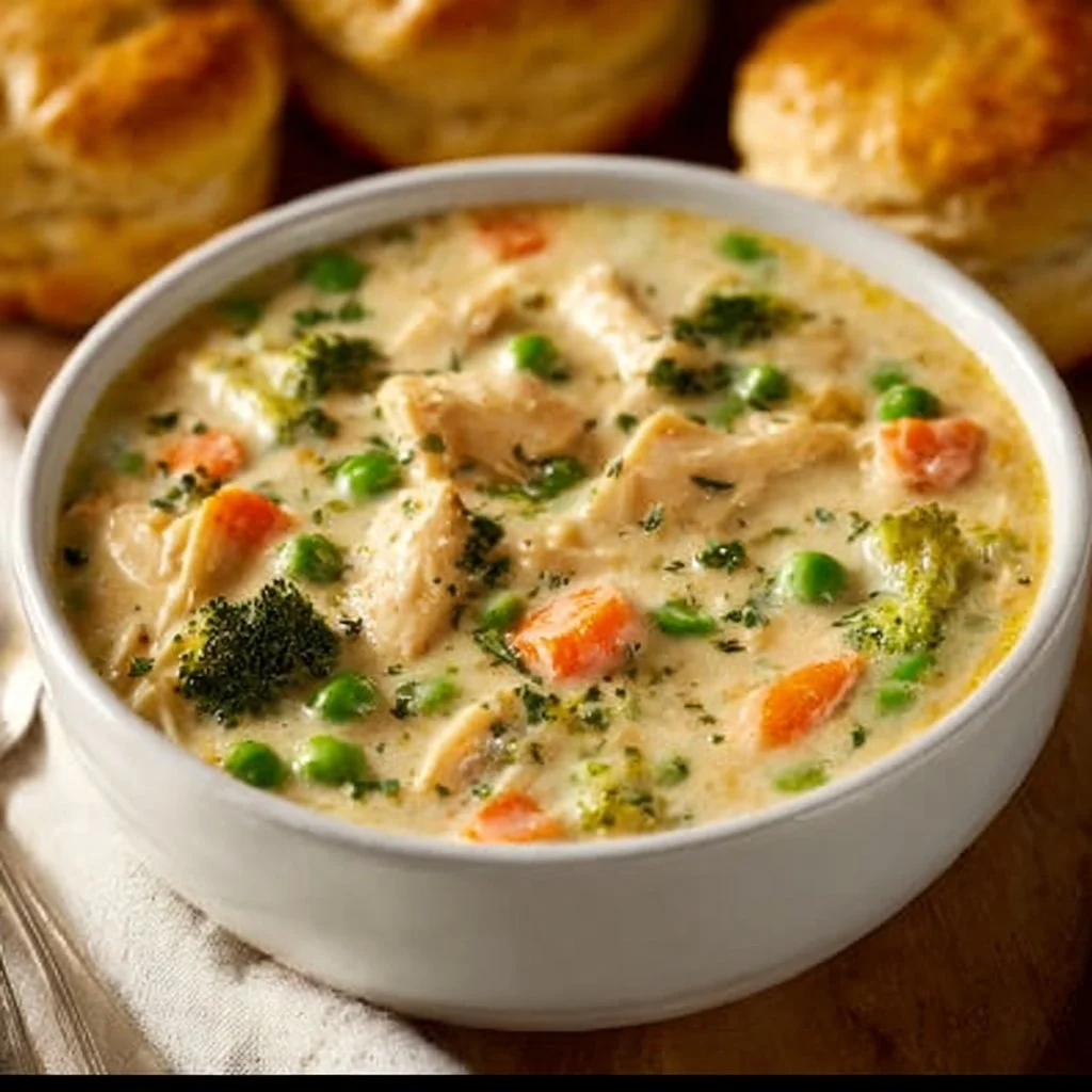 Delicious Chicken Pot Pie Soup in a bowl garnished with herbs