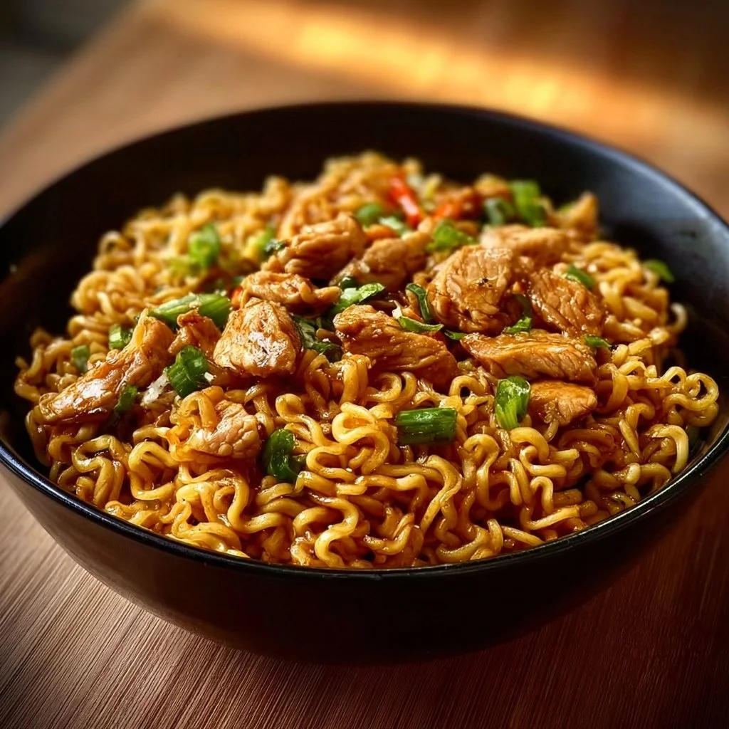 Delicious chicken ramen stir fry with vegetables and noodles