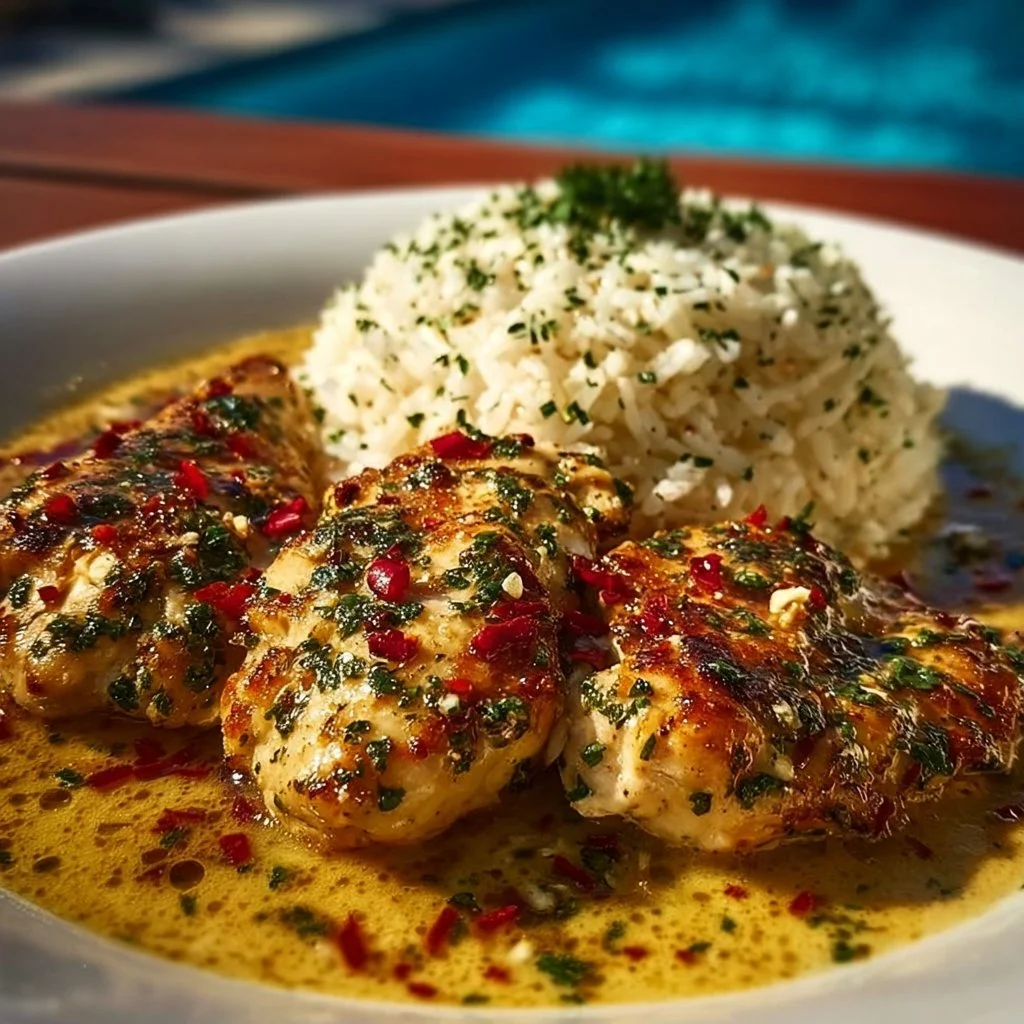 Delicious Chicken Scampi served with Garlic Parmesan Rice