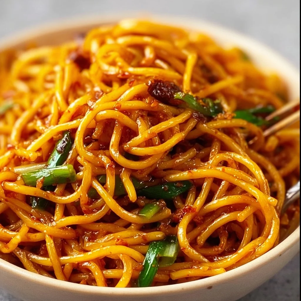 Plate of spicy Chili Garlic Noodles garnished with herbs