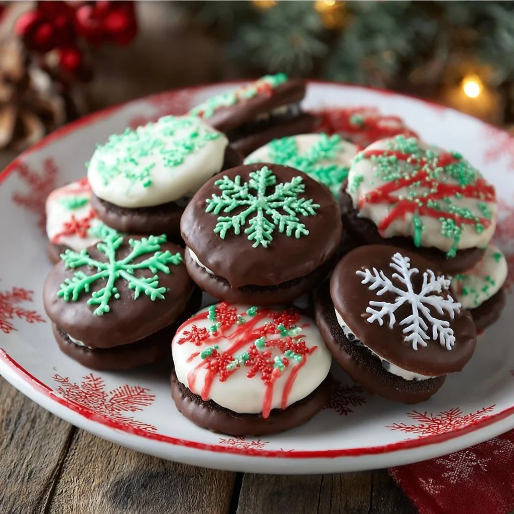 Festive Chocolate Dipped Oreos shaped like snowflakes and Christmas trees