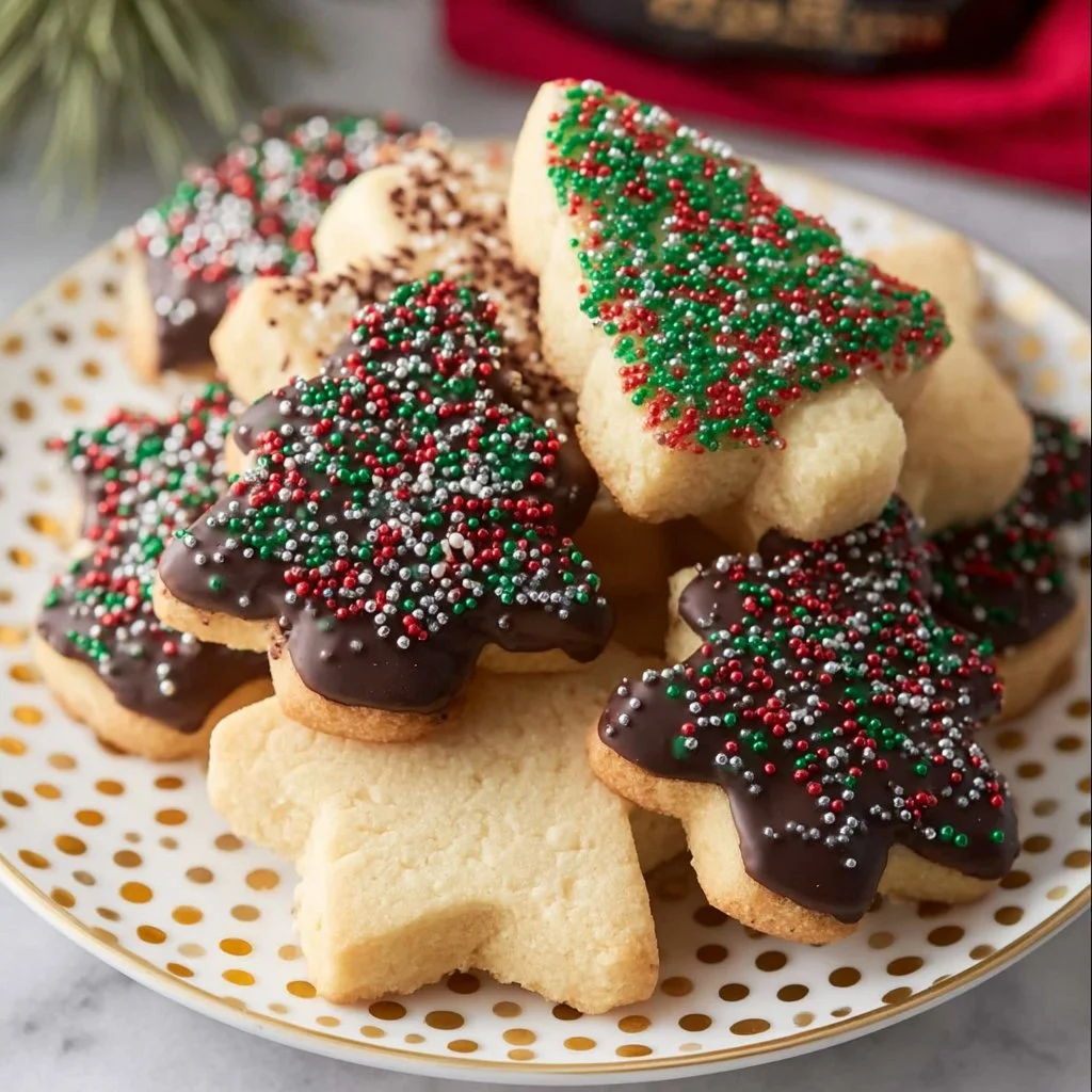 Delicious chocolate dipped shortbread cookies on a plate.