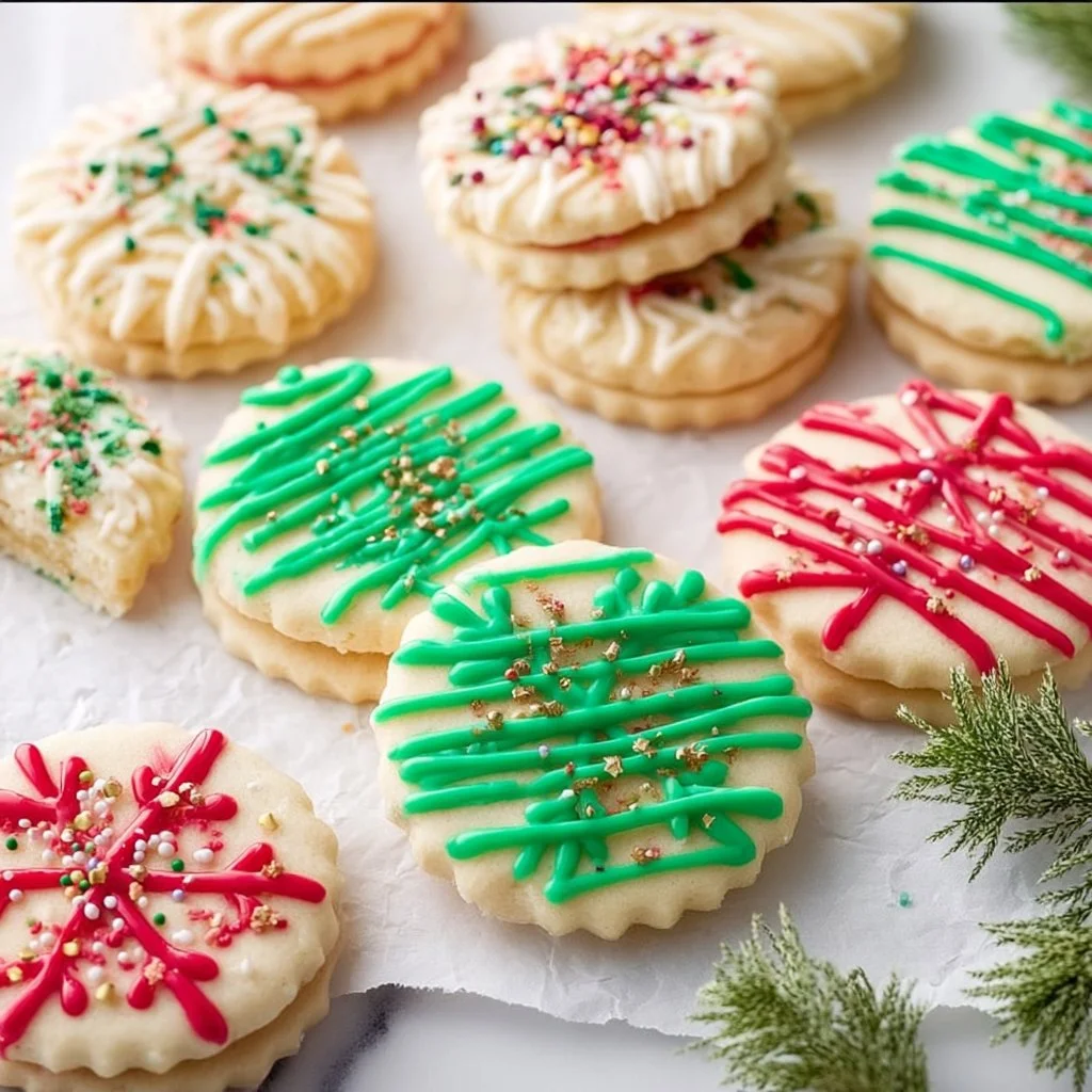 Chocolate dipped shortbread sandwich cookies on a plate