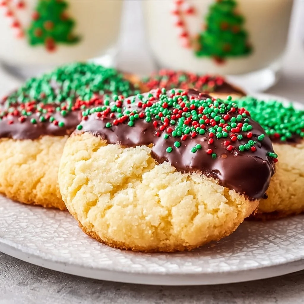 Chocolate-Dipped Sugar Cookies decorated with chocolate coating