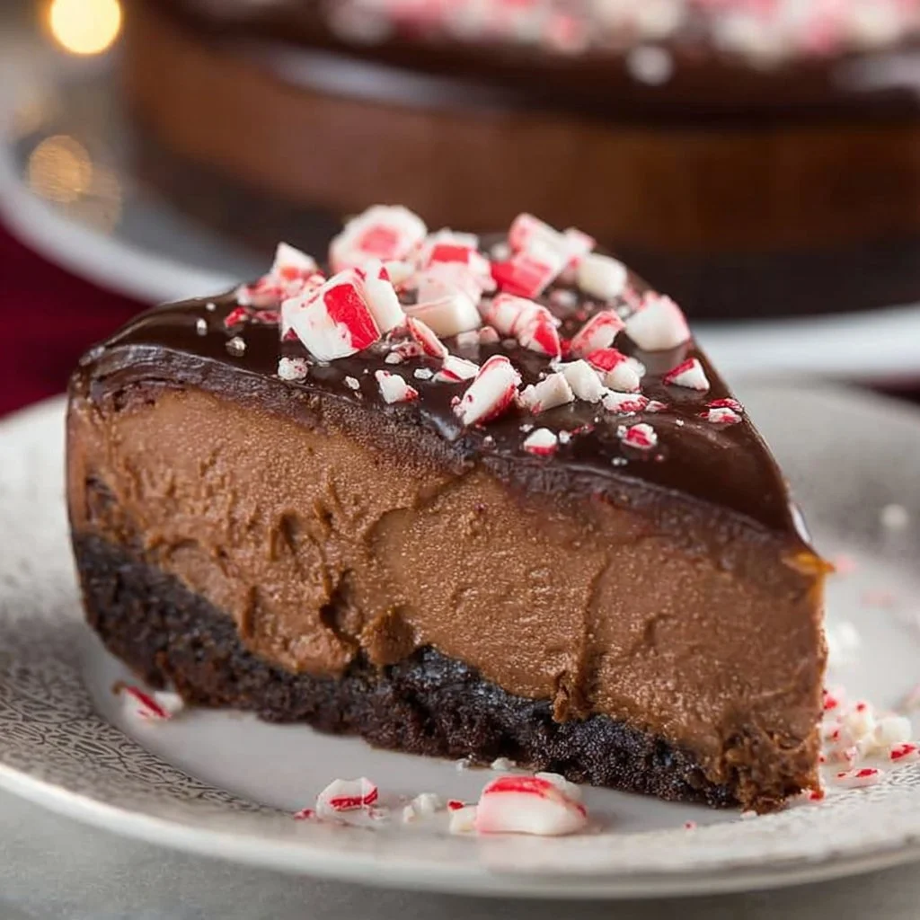 Delicious Chocolate Peppermint Cheesecake topped with whipped cream and candy canes