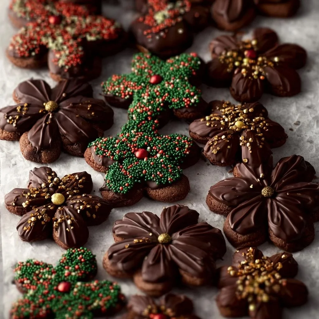 Plate of homemade Chocolate Spritz Cookies decorated with sprinkles