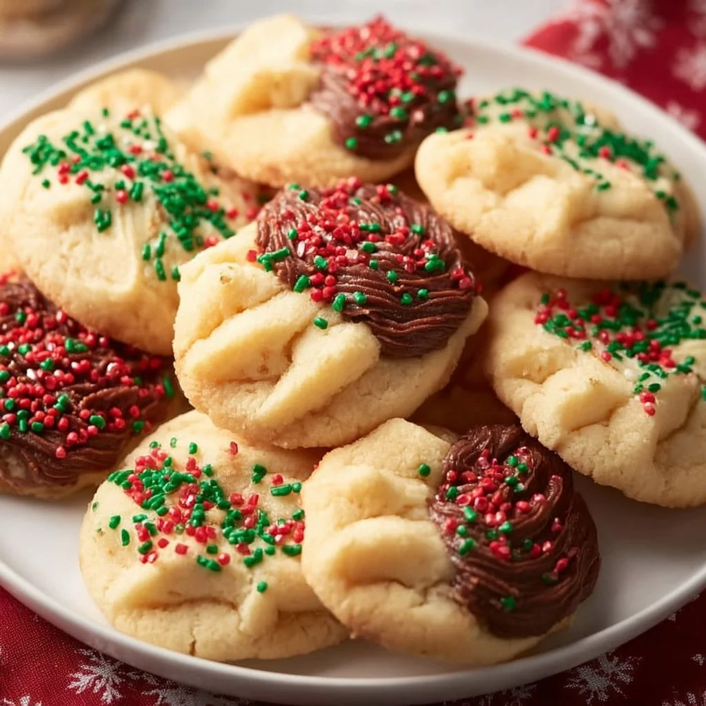 Assorted Christmas butter cookies decorated with icing and sprinkles.