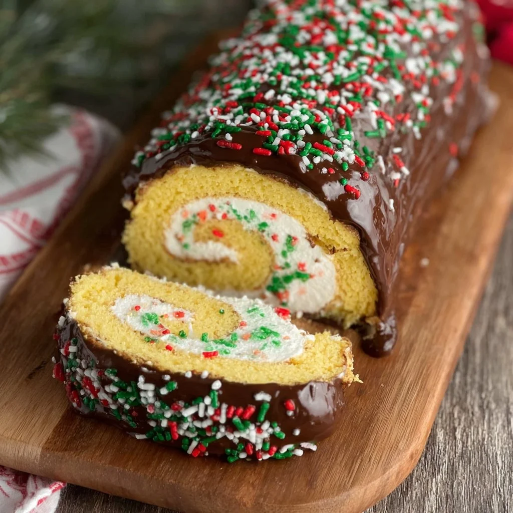 Delicious homemade Christmas Cake Roll decorated with festive toppings