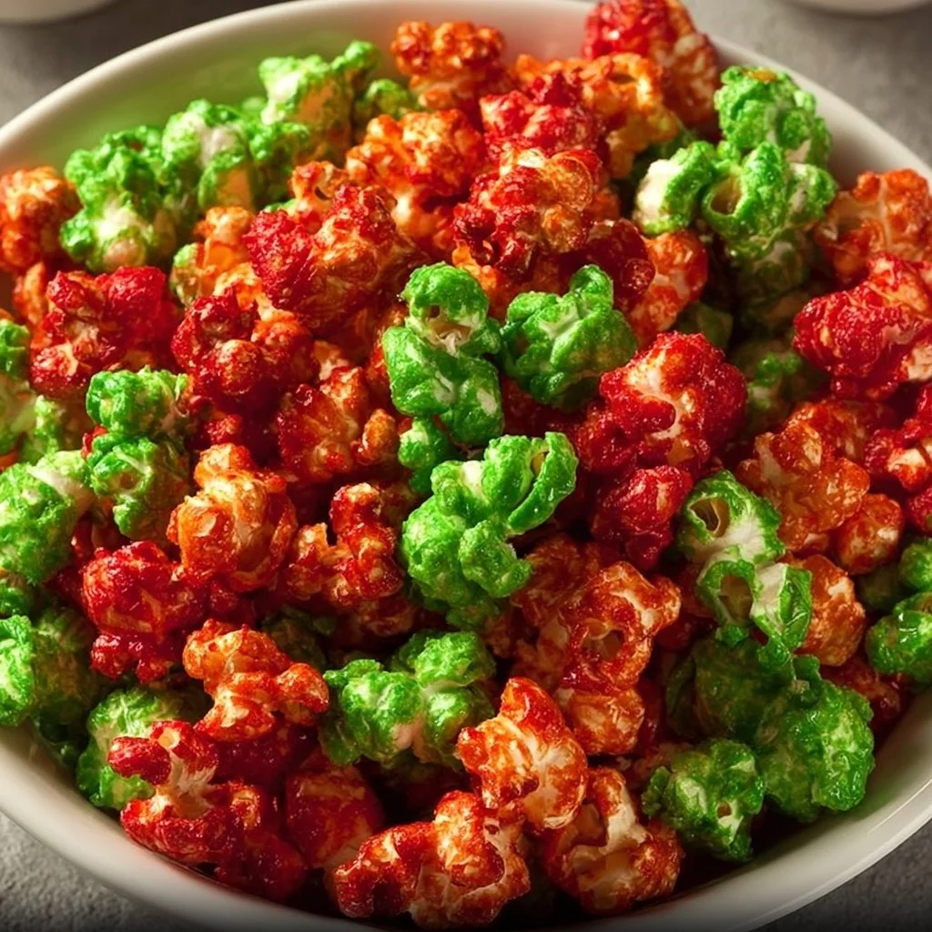 Delicious Christmas Caramel Corn in a festive bowl ready for the holidays.