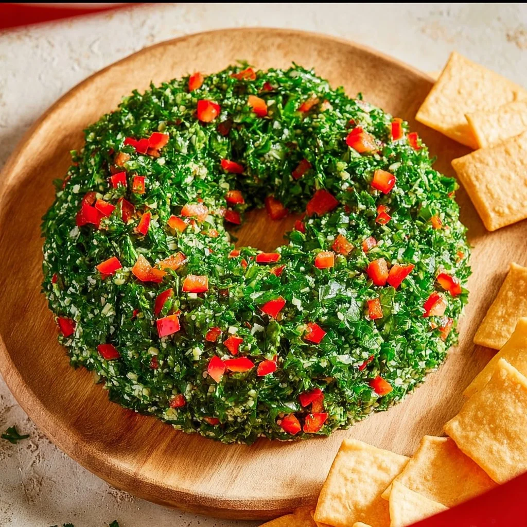 Festive Christmas cheese ball wreath displayed on a serving platter.