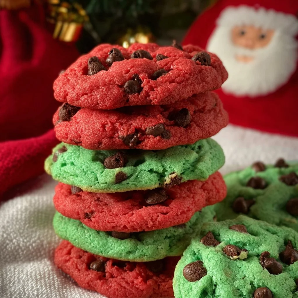 Batch of festive Christmas chocolate chip cookies on a holiday table