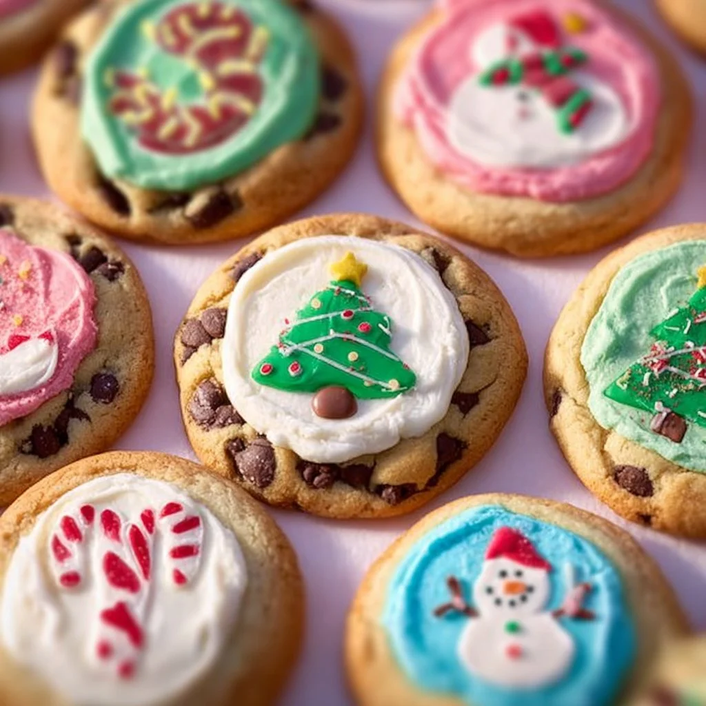 Delicious Christmas chocolate chip sugar cookies decorated for the holidays