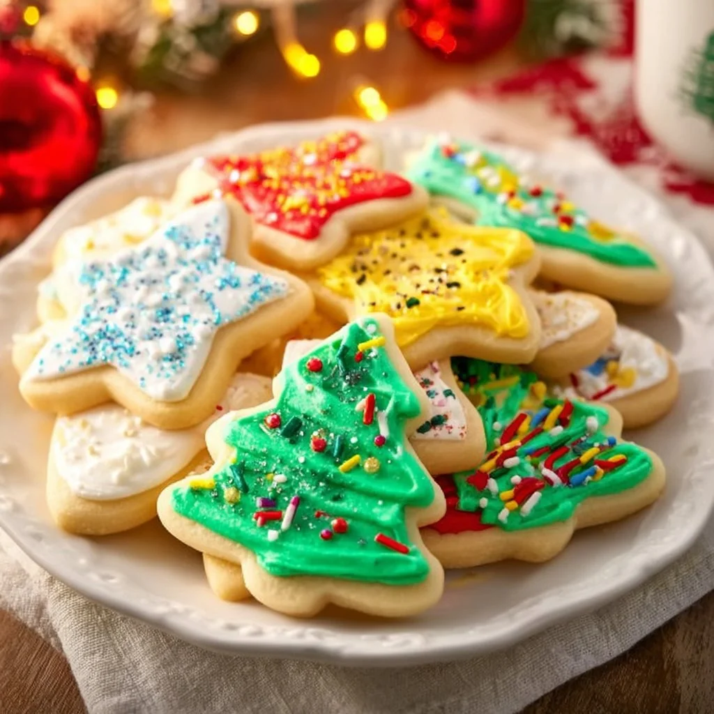 Decorated Christmas cut out sugar cookies on a festive plate