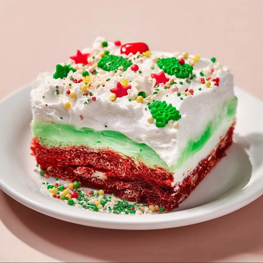 Delicious Christmas Lasagna dessert topped with festive decorations