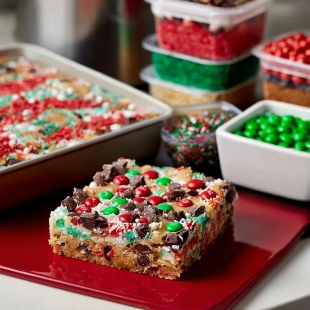 Delicious Christmas Magic Cookie Bars topped with festive decorations