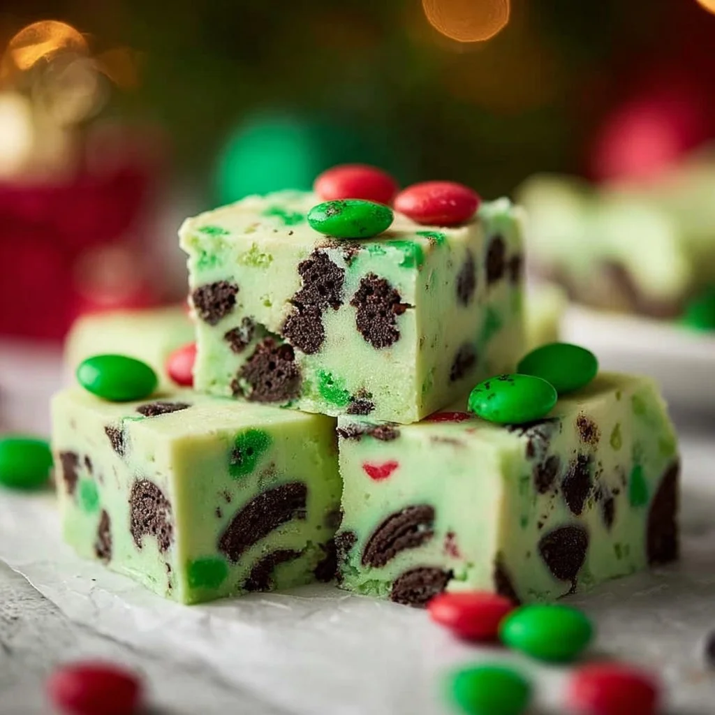Deliciously festive Christmas Mint Oreo Fudge dessert cut into squares