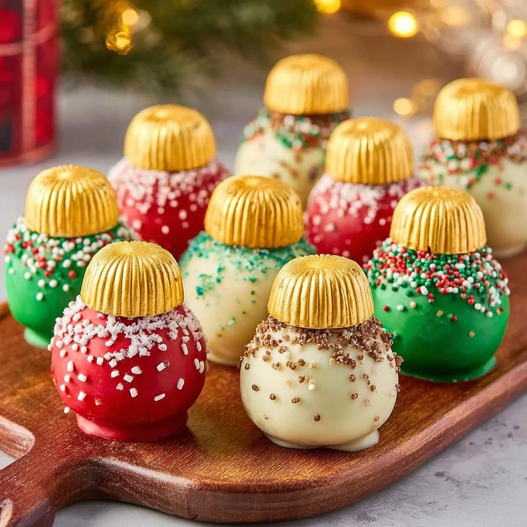 A plate of festive Christmas Oreo Balls decorated with holiday sprinkles.