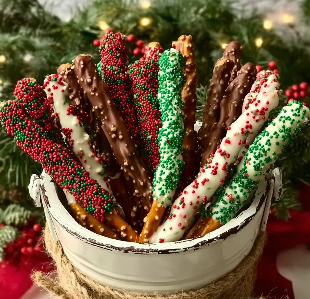 Festively decorated Christmas pretzel rods on a festive table