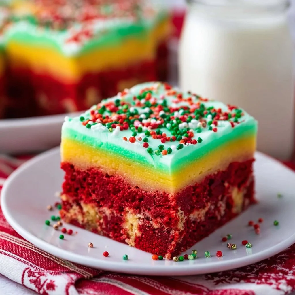 Christmas Red Velvet Poke Cake with festive decorations and cream cheese icing