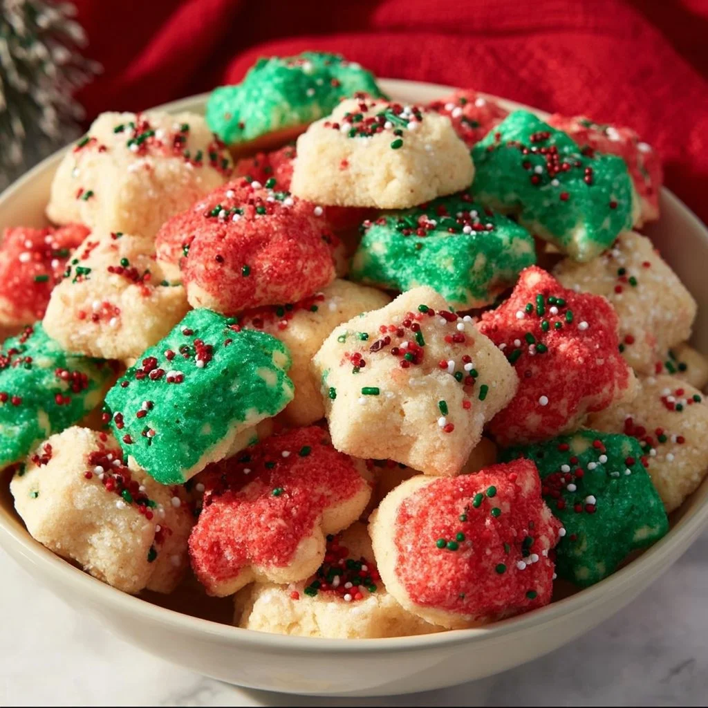 Festively decorated Christmas sugar cookie bites on a holiday platter.