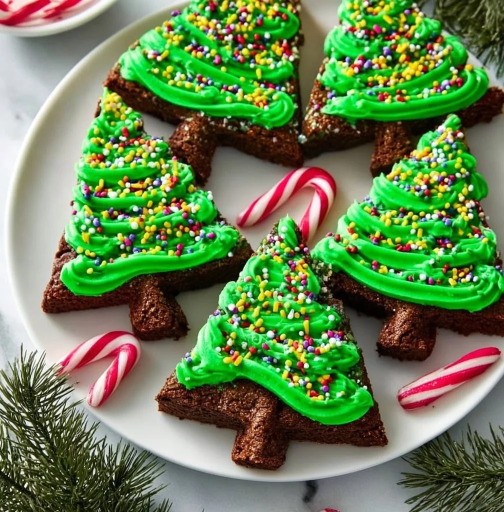Festive Christmas Tree Brownies decorated with green frosting and sprinkles