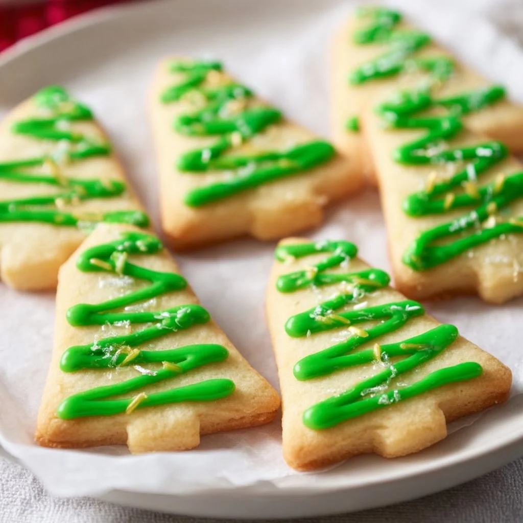 Festively decorated Christmas tree shortbread cookies on a holiday platter