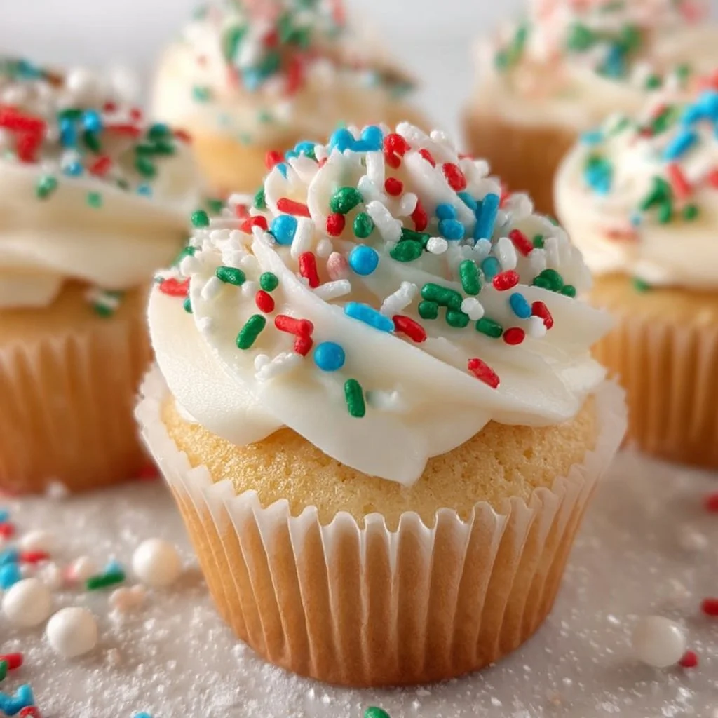 Festively decorated Christmas vanilla cupcakes with sprinkles and frosting