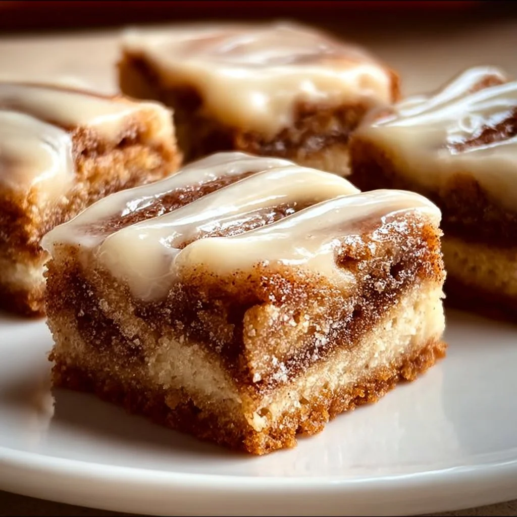 Homemade Cinnamon Swirl Bars topped with icing and cinnamon
