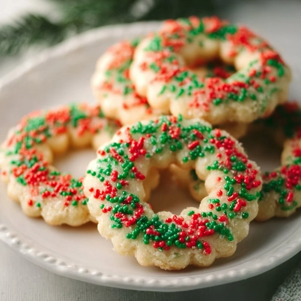 Citrusy Christmas wreath cookies decorated with icing and holiday sprinkles